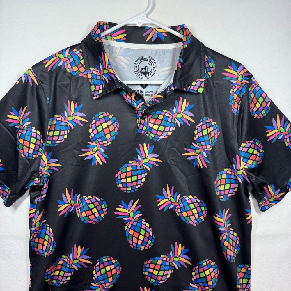 Proud 90 Golf Polo Shirt Men's Size S Black Pineapple Party Print Short Sleeve‎